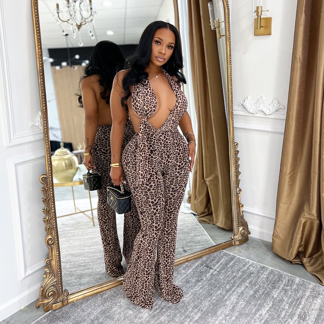 Halter neck strappy backless leopard print jumpsuit