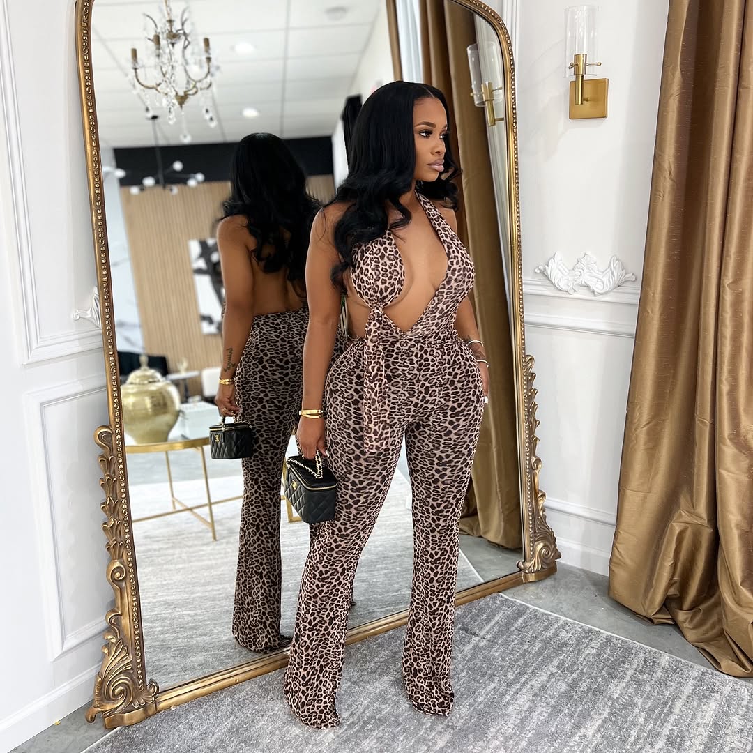 Halter neck strappy backless leopard print jumpsuit