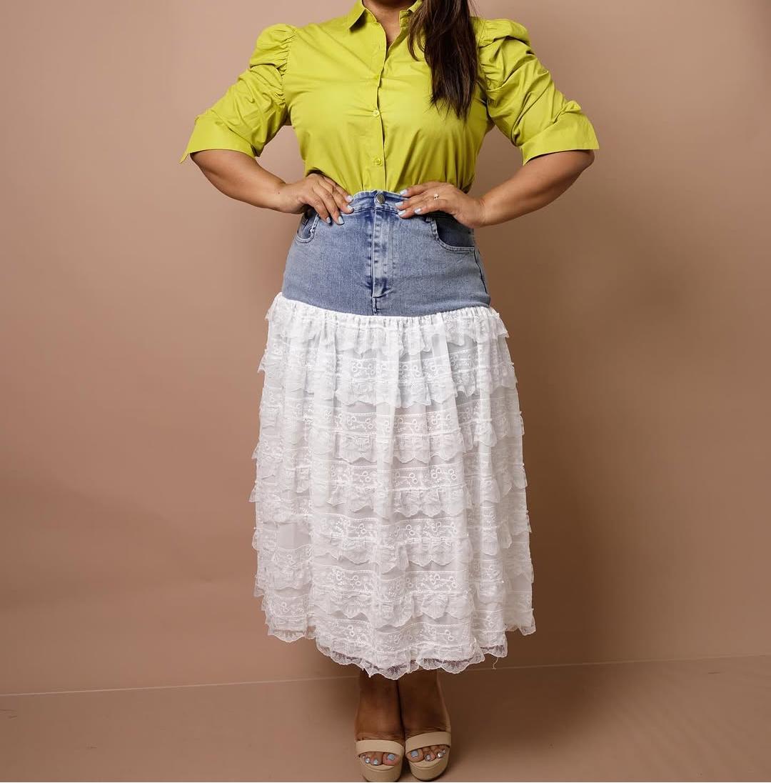 Women's Patchwork Denim Lace Maxi Dress