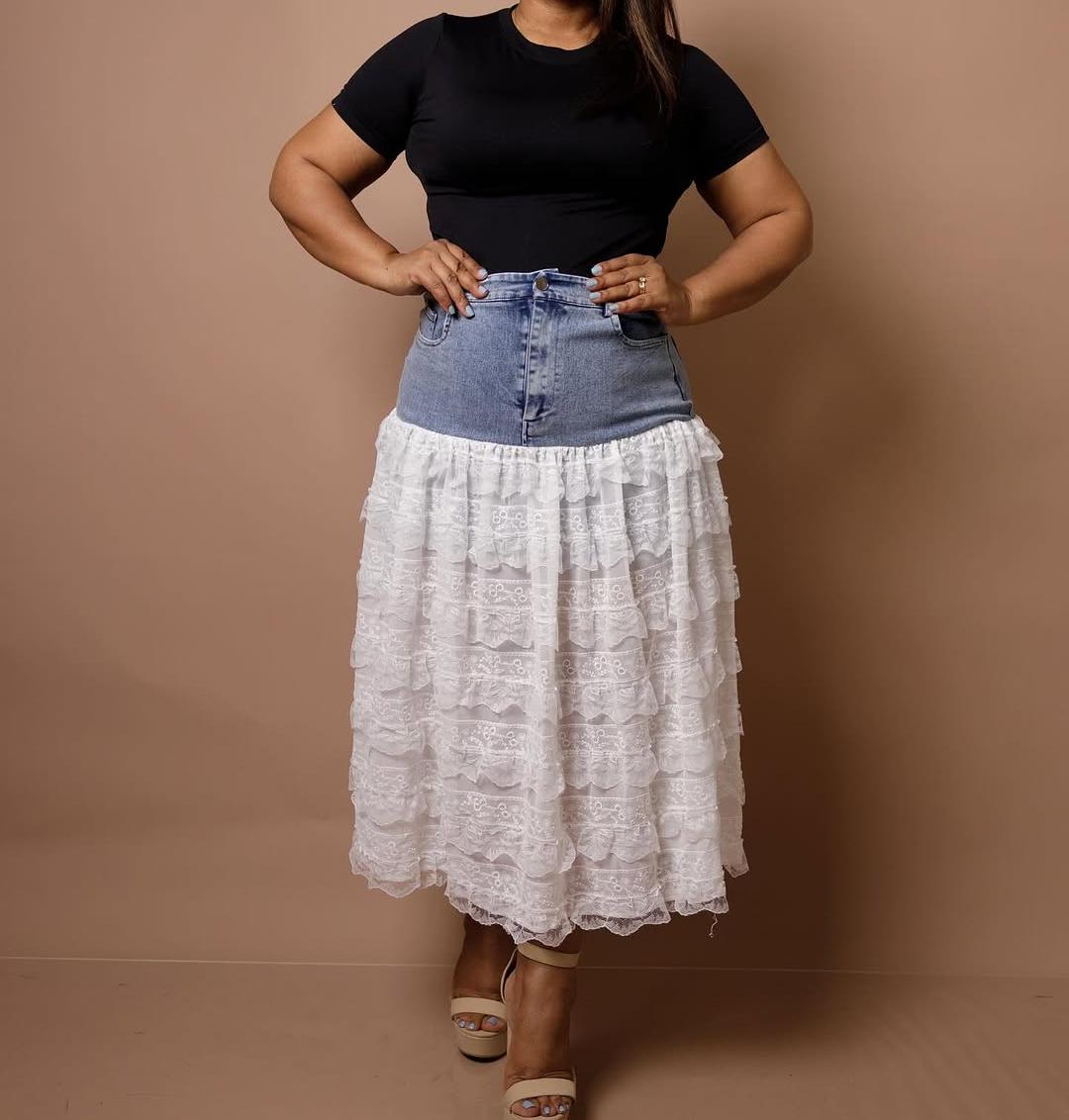 Women's Patchwork Denim Lace Maxi Dress
