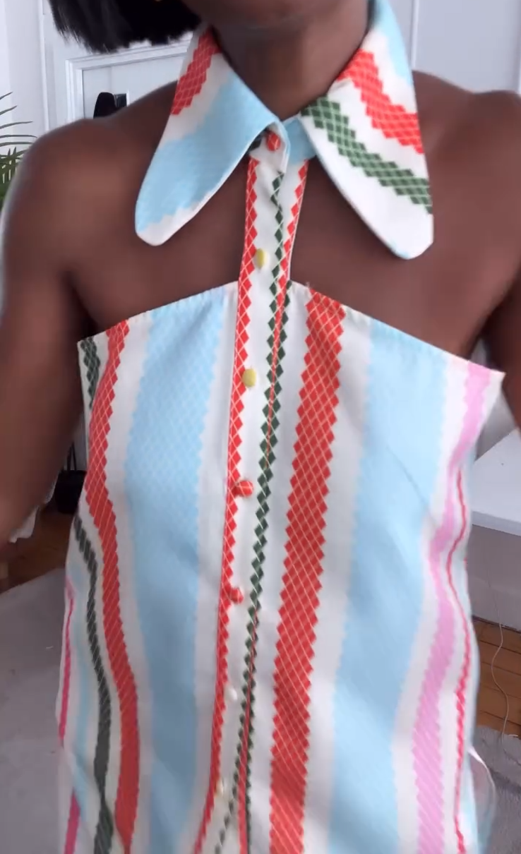 Striped sleeveless lapel halterneck dress