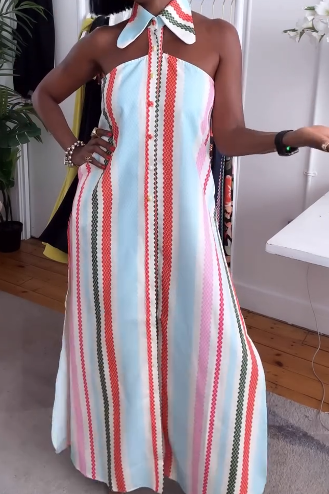 Striped sleeveless lapel halterneck dress