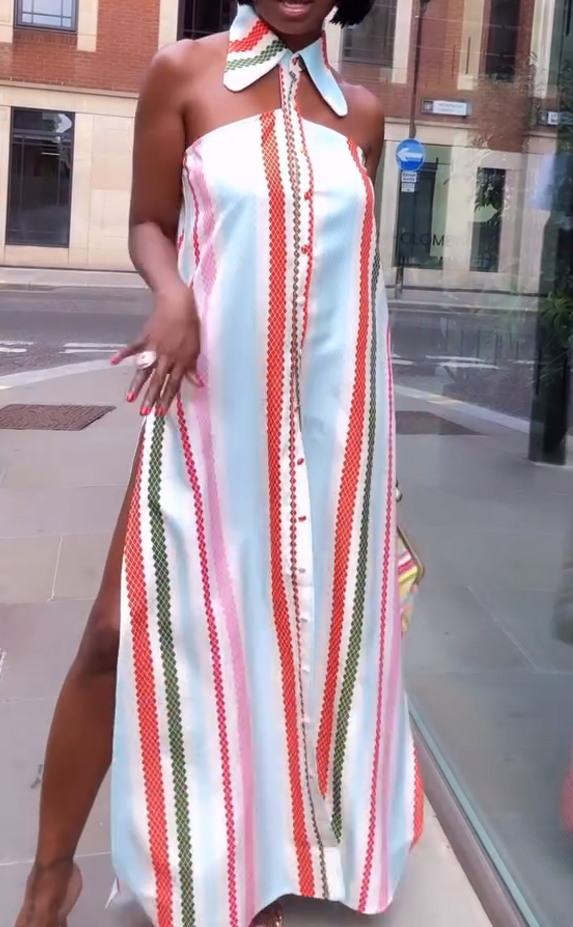 Striped sleeveless lapel halterneck dress