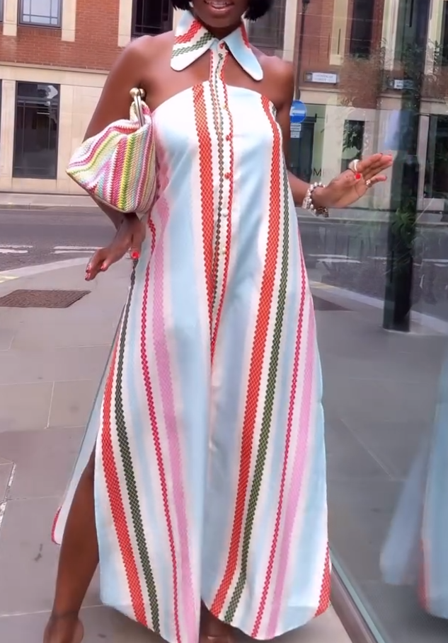 Striped sleeveless lapel halterneck dress