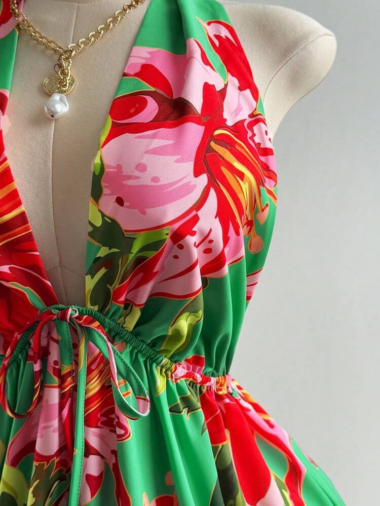 Plus Size Halter Print Backless Vacation Dress Mini-Dress