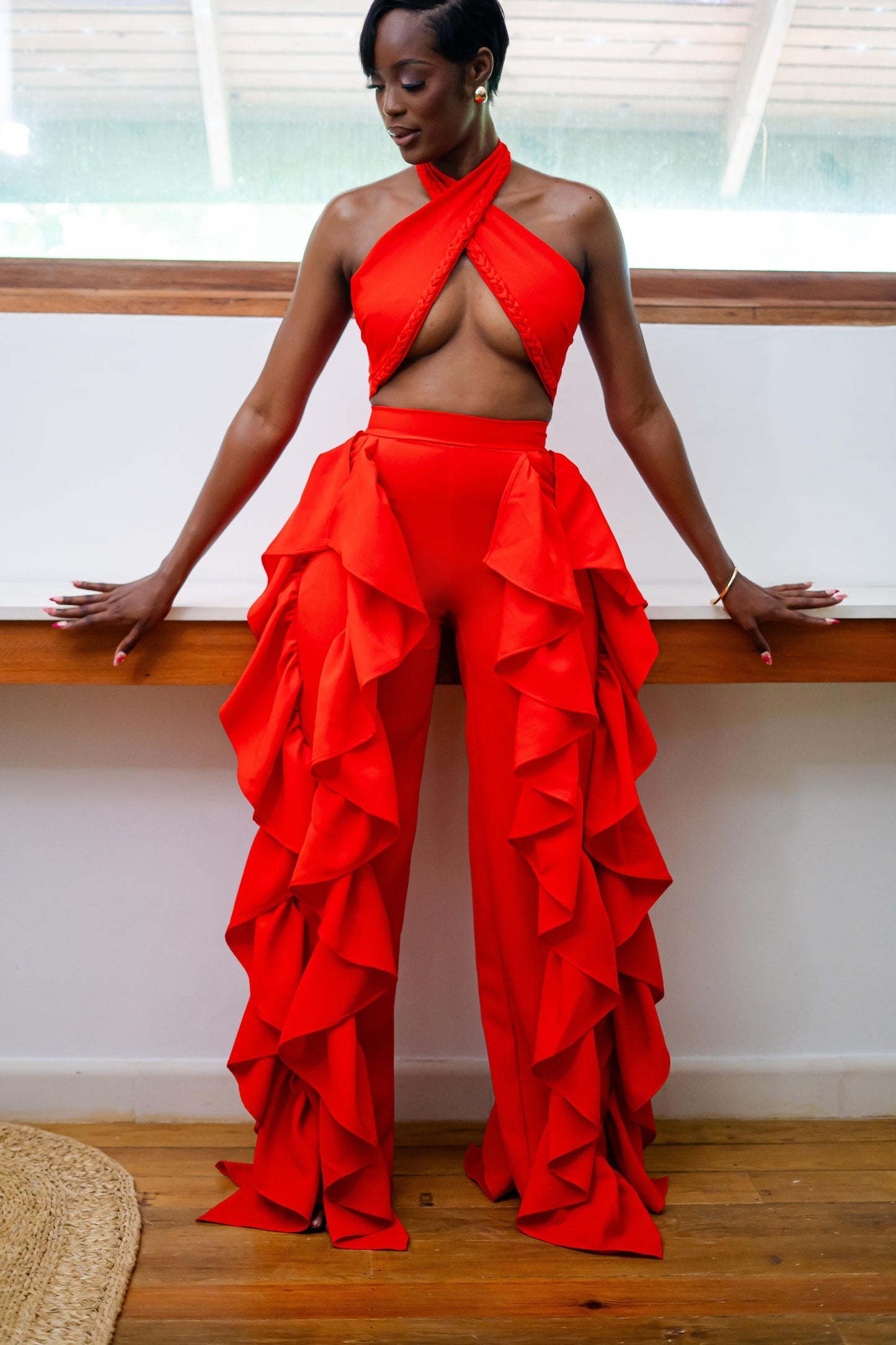 Cross-strap vest + high-waist wide-leg pants set