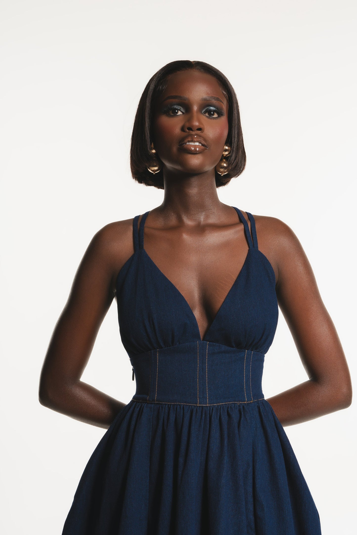 Denim waist suspender long skirt