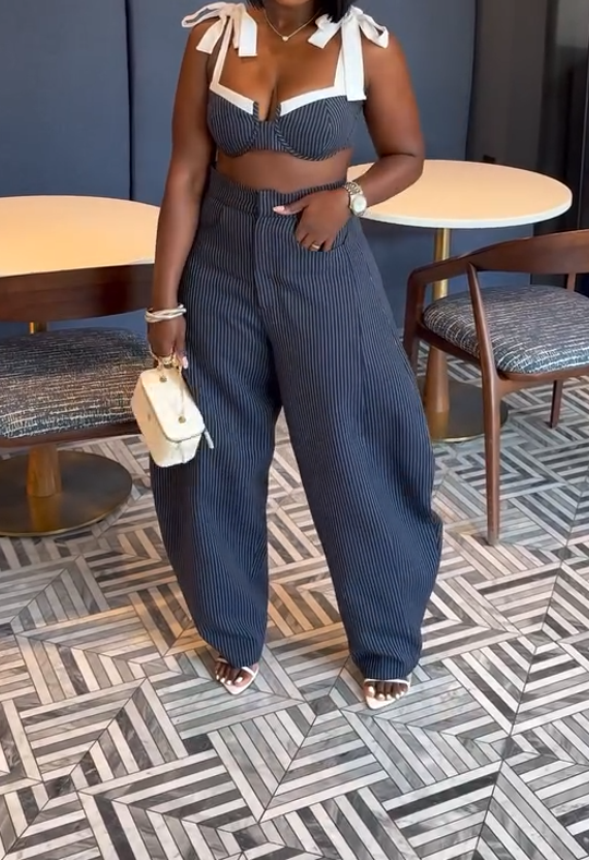 Bow tie suspender top + narrow striped wide-leg pants