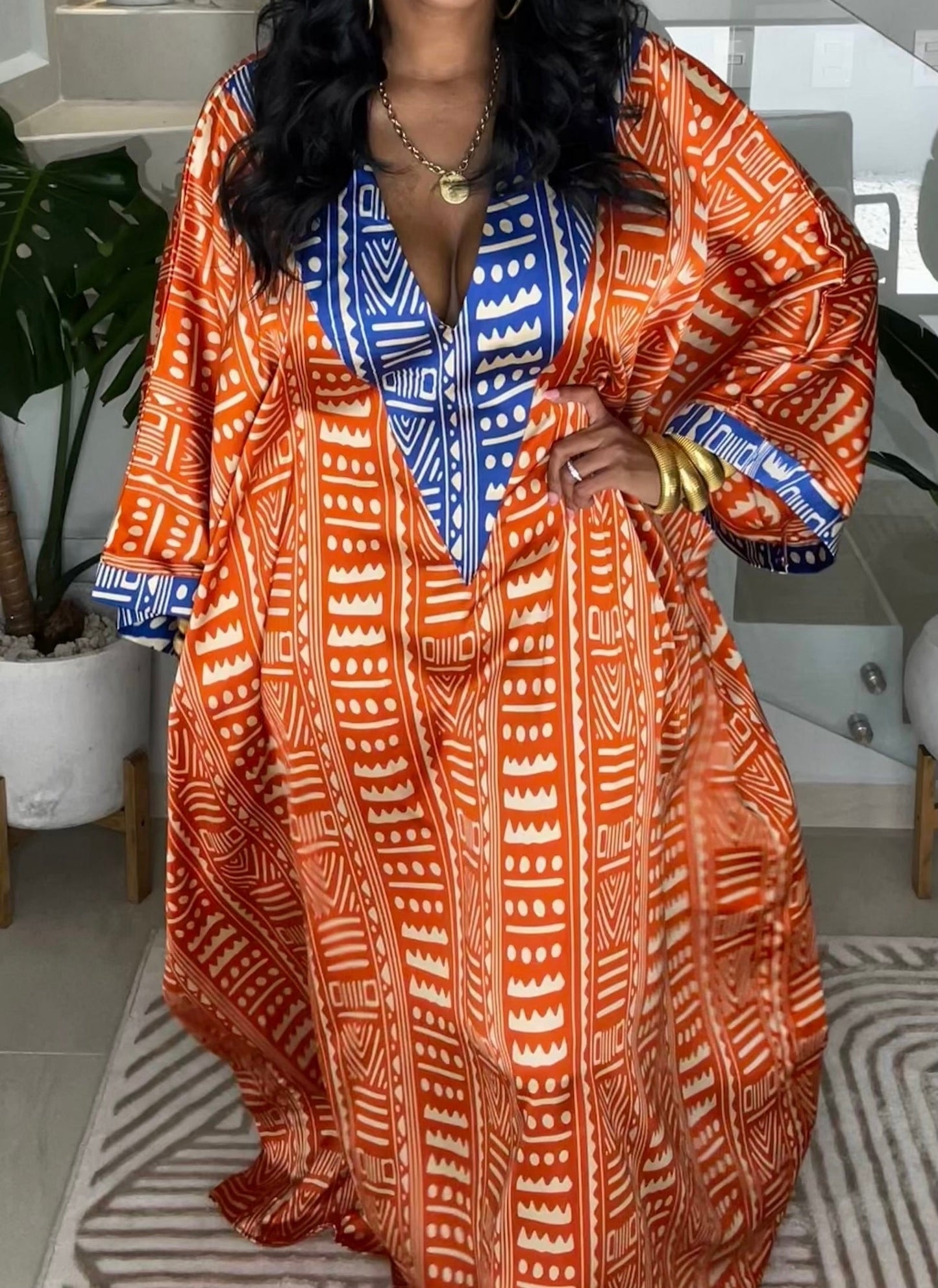 V-neck drawstring silk maxi dress