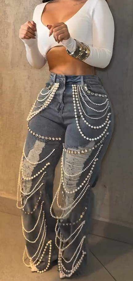 Jeans with pearl and rhinestone embellishments