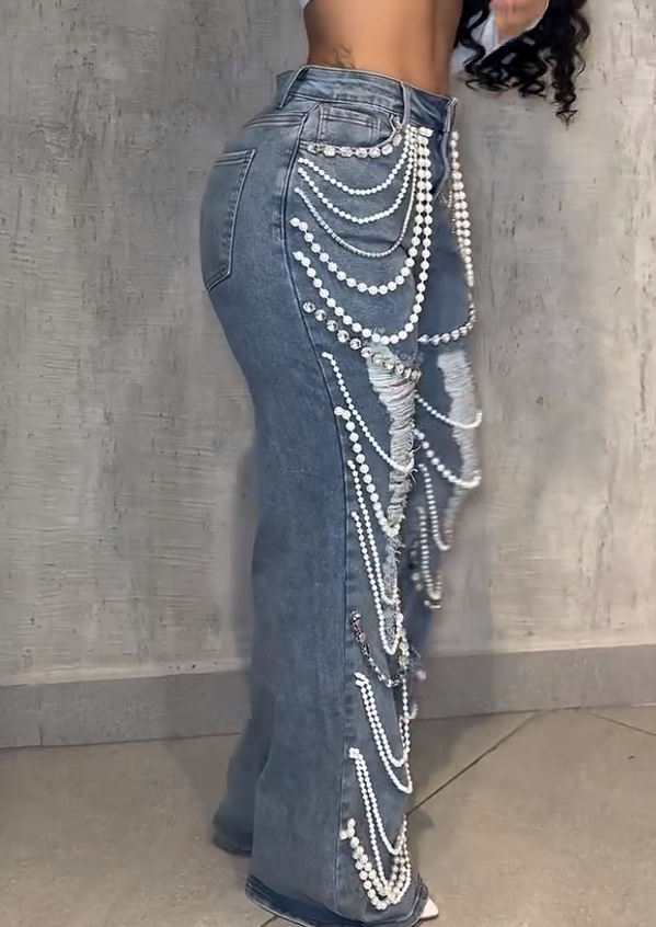 Jeans with pearl and rhinestone embellishments