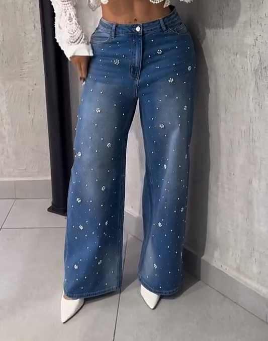 Snowflake Beaded Rhinestone Jeans