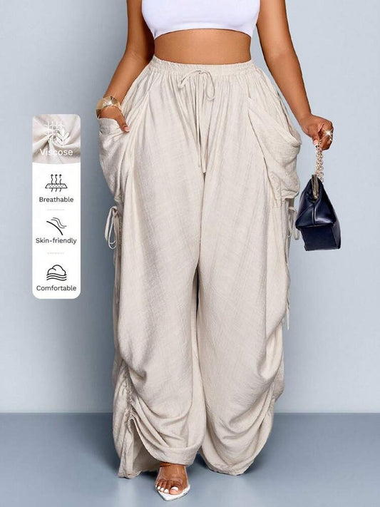 Plus size women's solid color wide-leg loose pants with large pockets