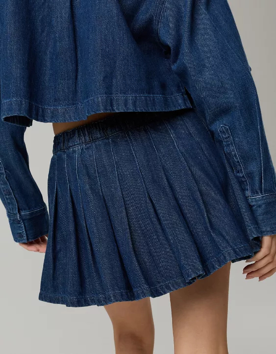 Denim short jacket + pleated skirt set