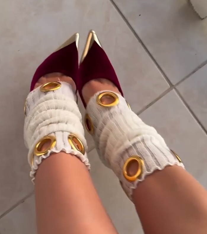 Homemade hoop socks and high heels