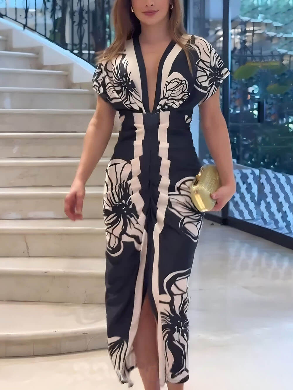 Contrast Color Unique Print Dolman Sleeve Ruched Slit Midi Dress