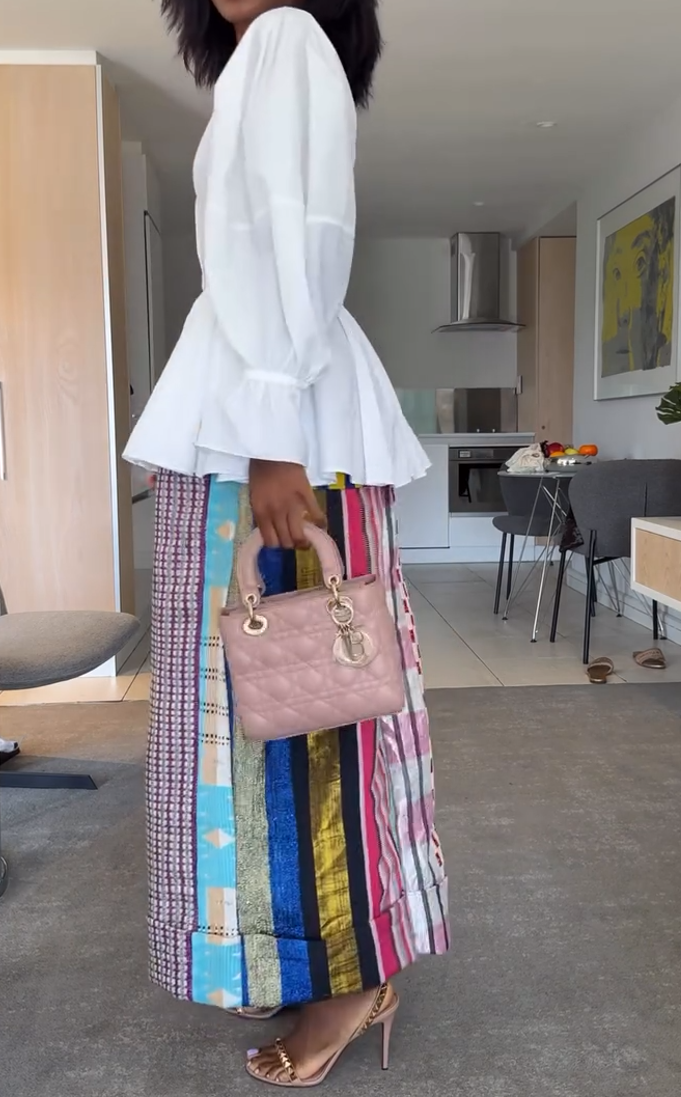White ruffled top + colorful stitching wide-leg pants