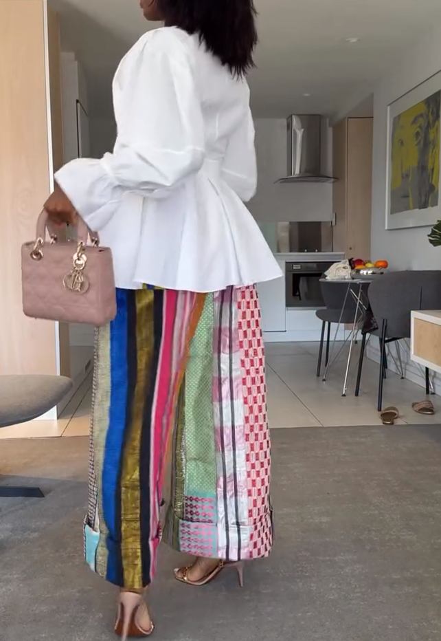 White ruffled top + colorful stitching wide-leg pants