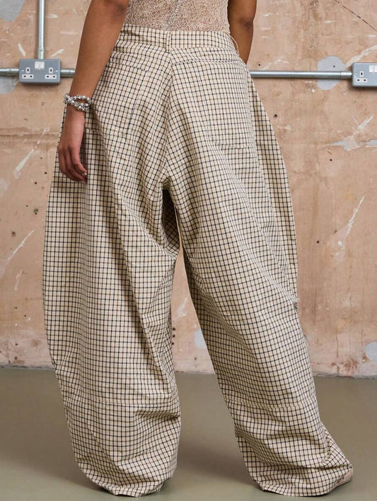 Low-rise loose straight-leg plaid trousers