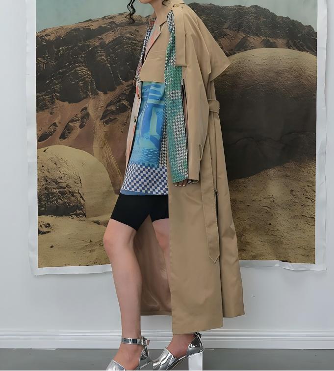 Long patchwork trench coat
