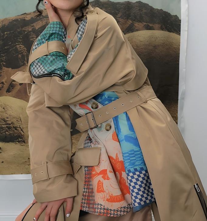 Long patchwork trench coat