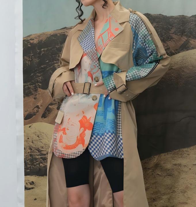 Long patchwork trench coat