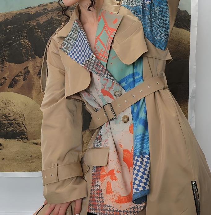 Long patchwork trench coat