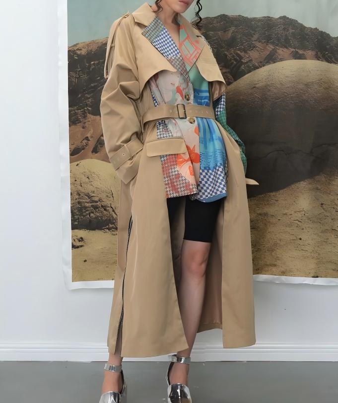 Long patchwork trench coat
