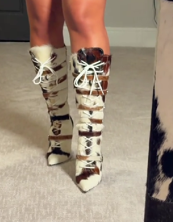 Pointed toe stiletto buckle high boots