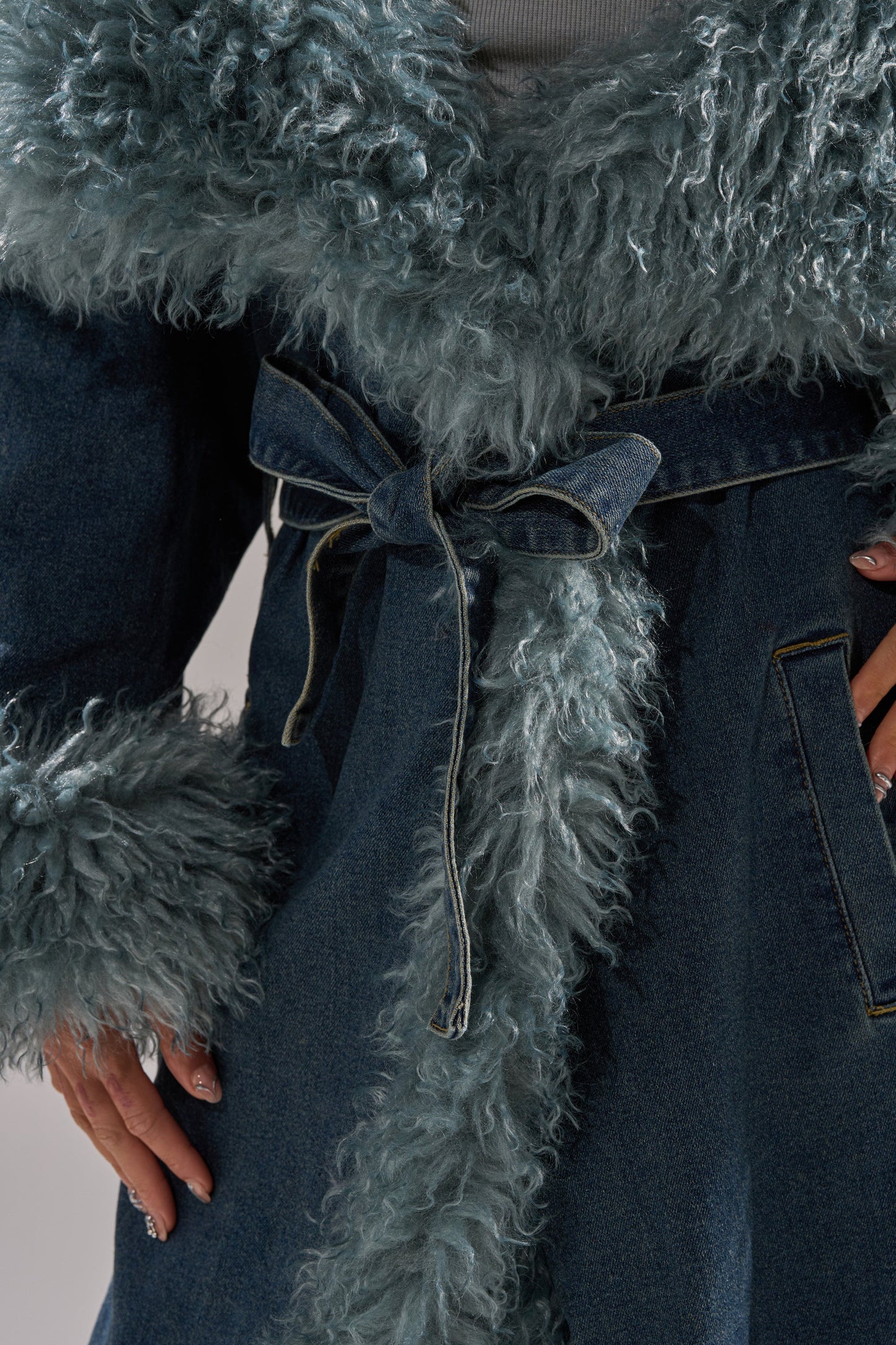 Frayed denim trench coat