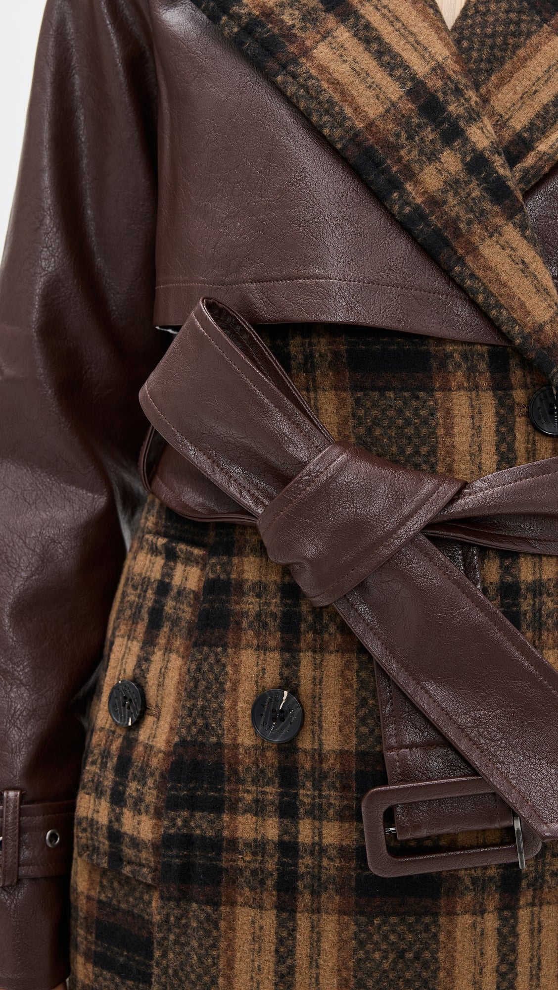 Plaid leather combination long coat