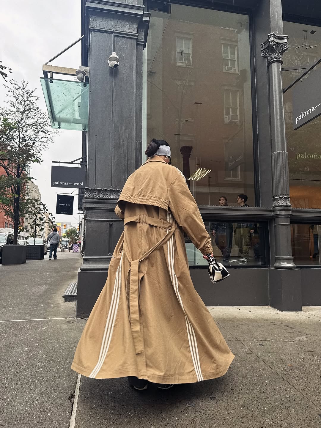 Beige long classic three-stripe trench coat