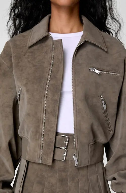 Oversized faux suede bomber jacket and pleated skirt set