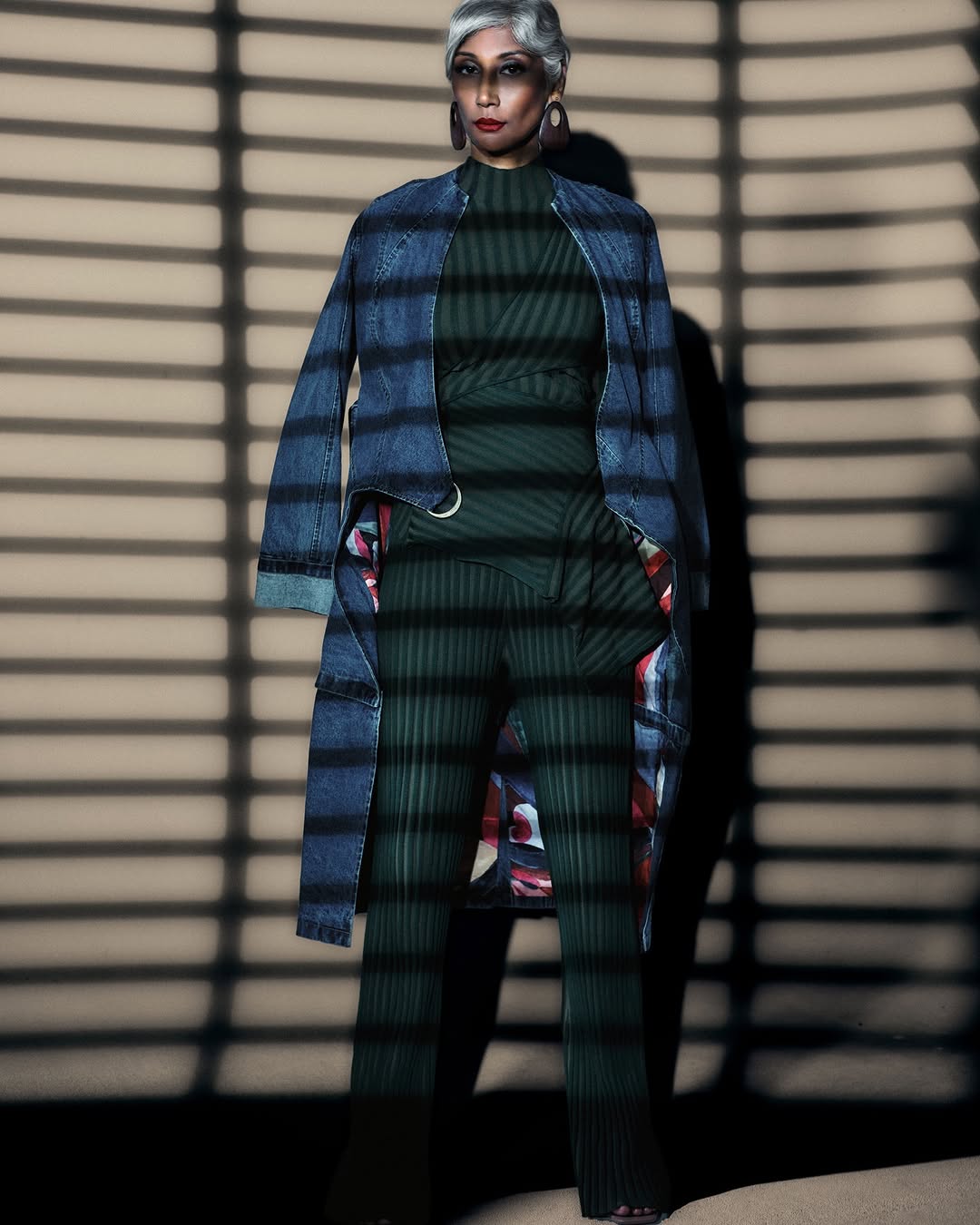 High-neck ribbed knit top and knit pants set
