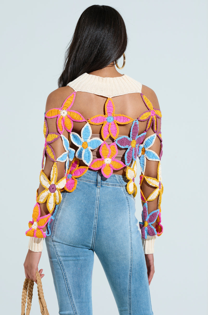 Spring openwork floral turtleneck sweater