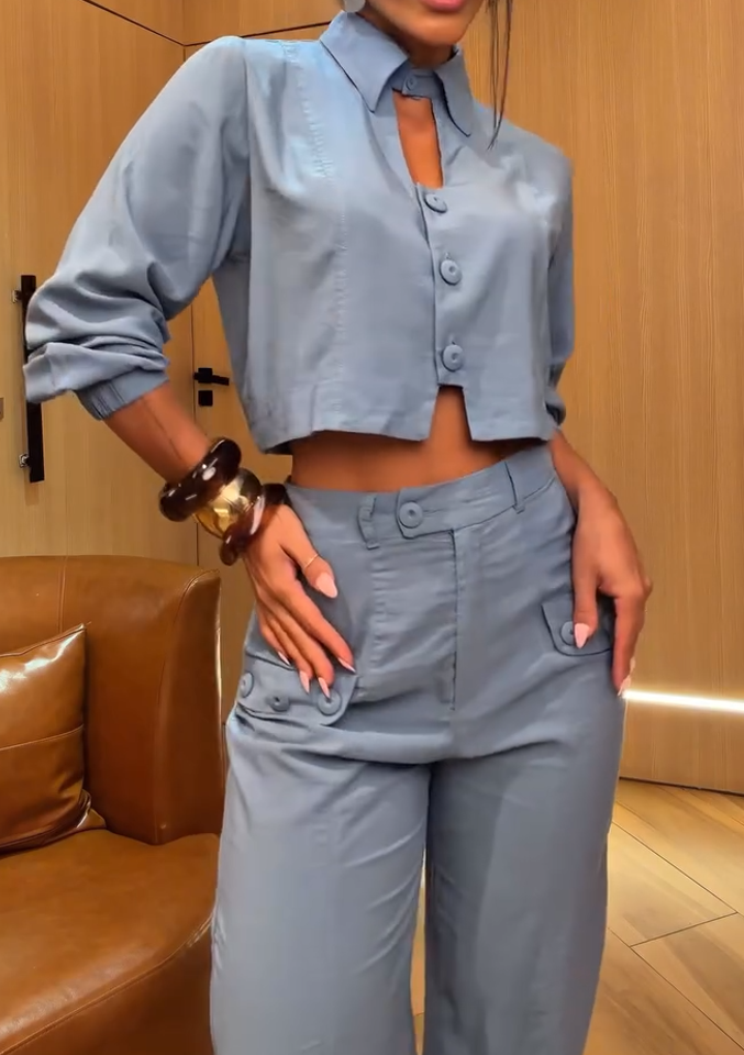 Short-sleeved long-sleeved shirt and high-waisted straight-leg pants two-piece set
