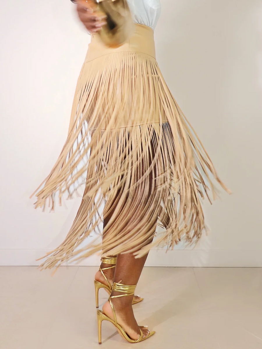 Fringe Faux Leather Maxi Skirt