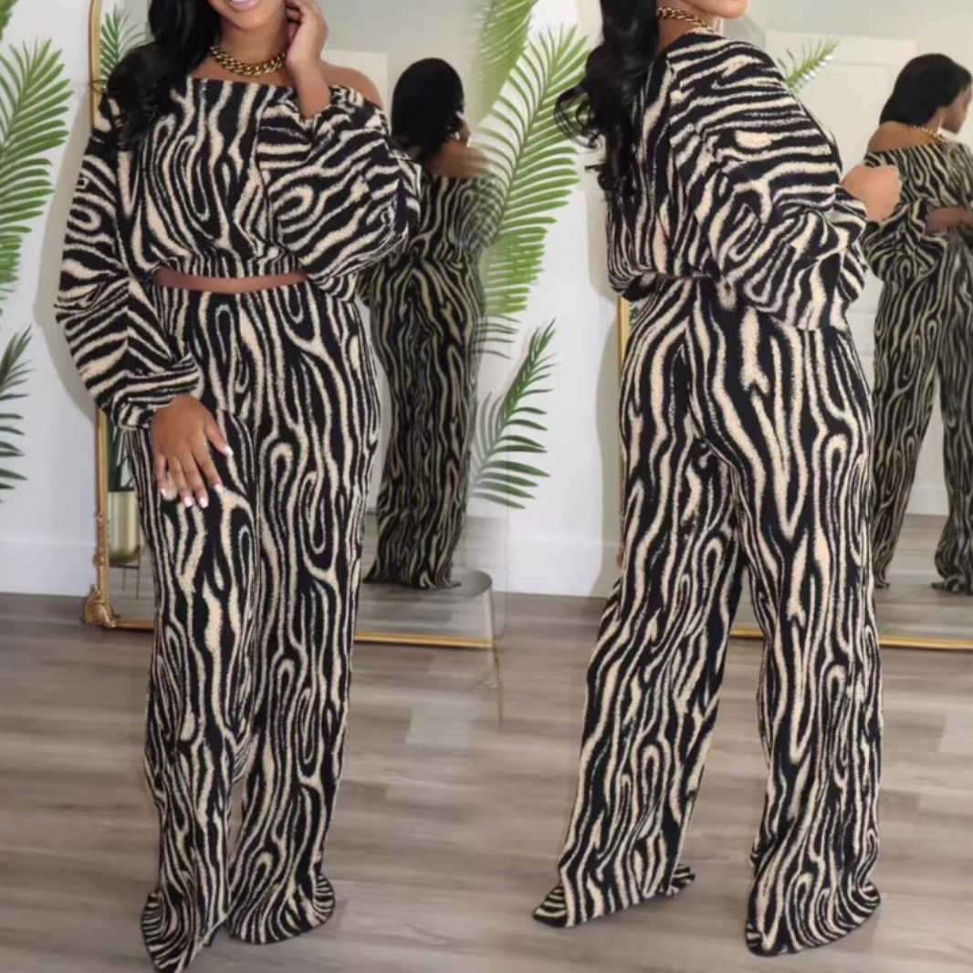 Off-shoulder printed two-piece suit