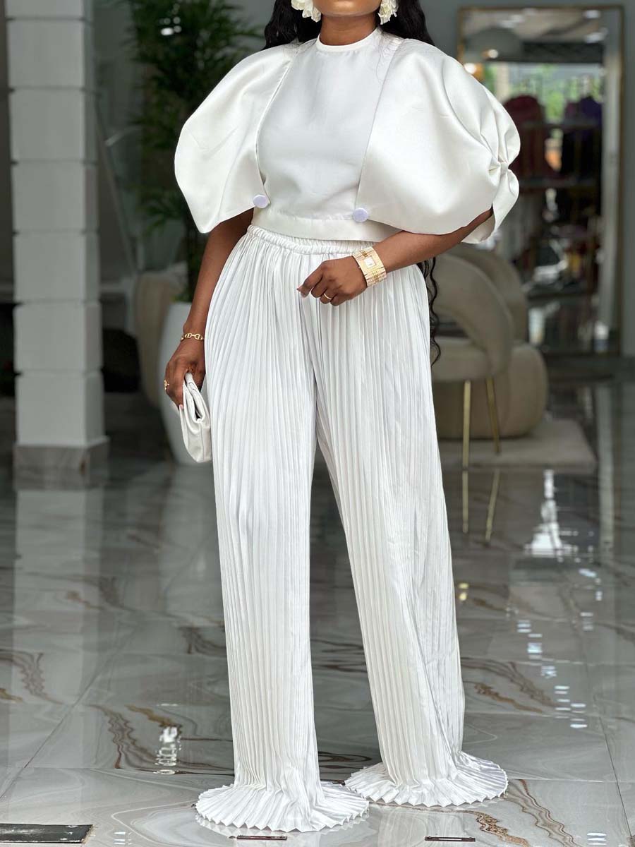 Puff Sleeve Pleated Two Pieces Set