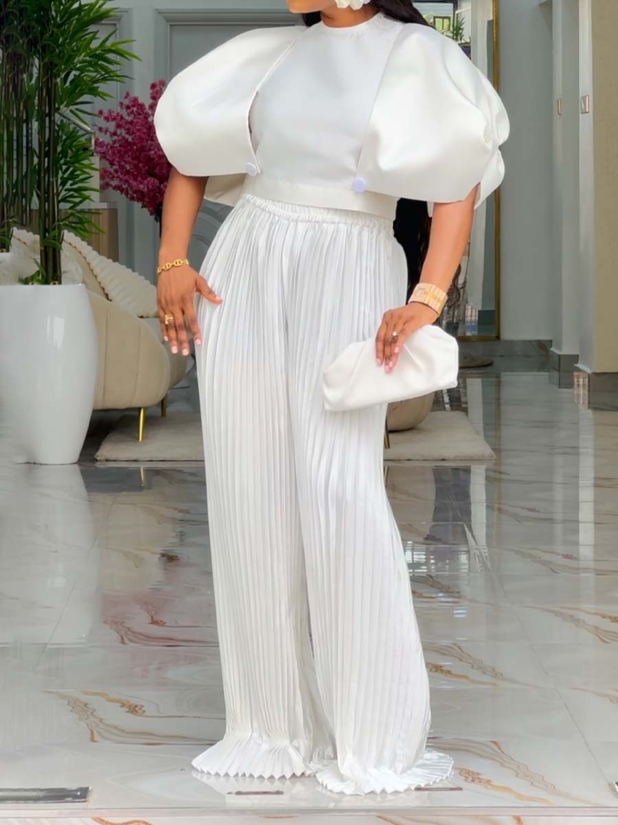 Puff Sleeve Pleated Two Pieces Set