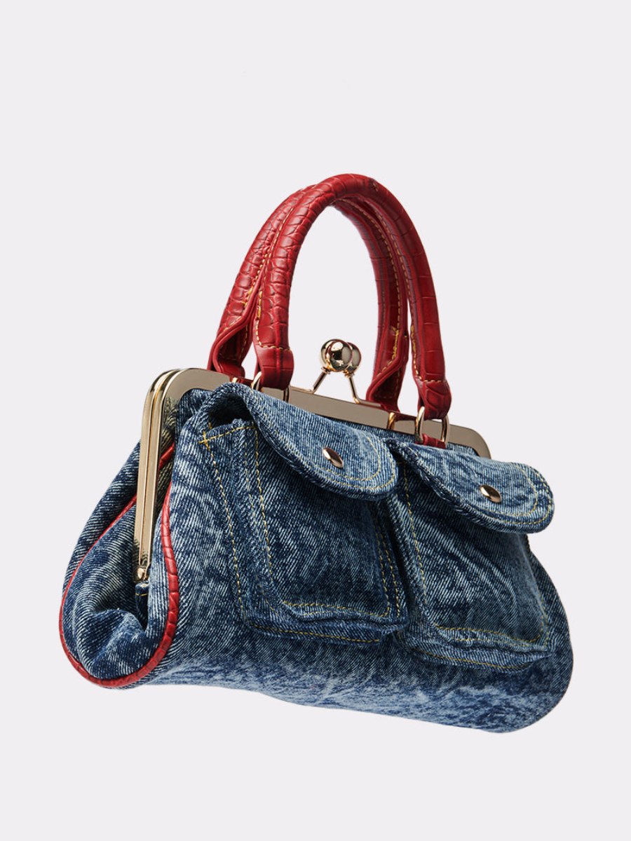 Double Pocket Denim Kiss Lock Tote