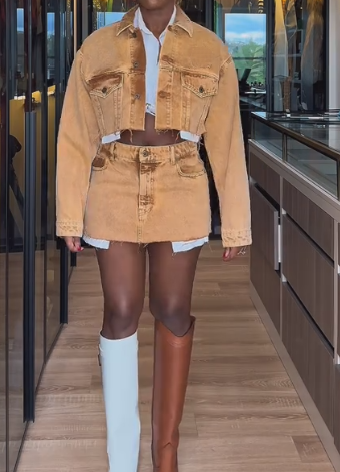 Short long-sleeved denim jacket + short skirt set