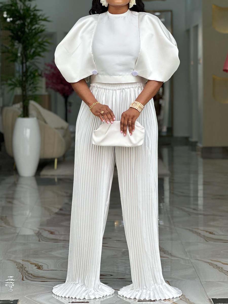 Puff Sleeve Pleated Two Pieces Set