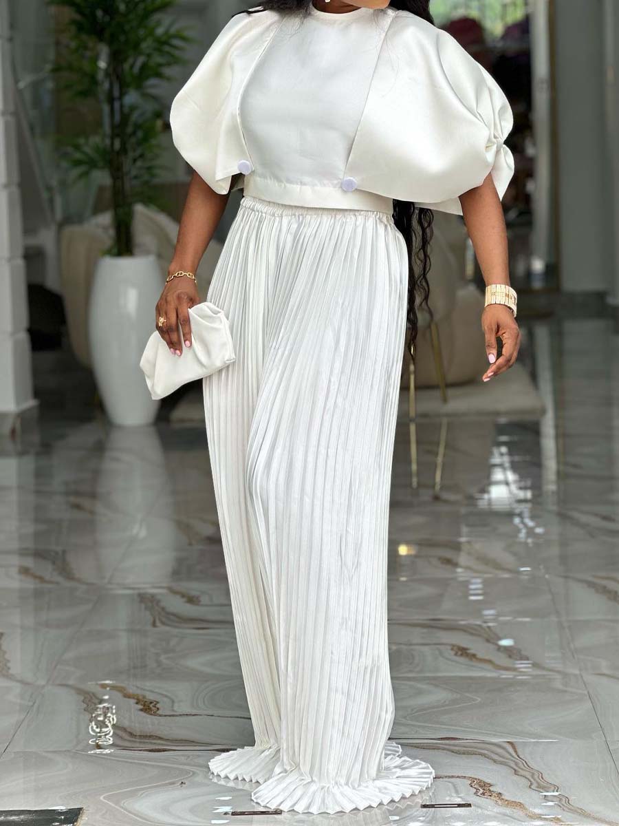 Puff Sleeve Pleated Two Pieces Set