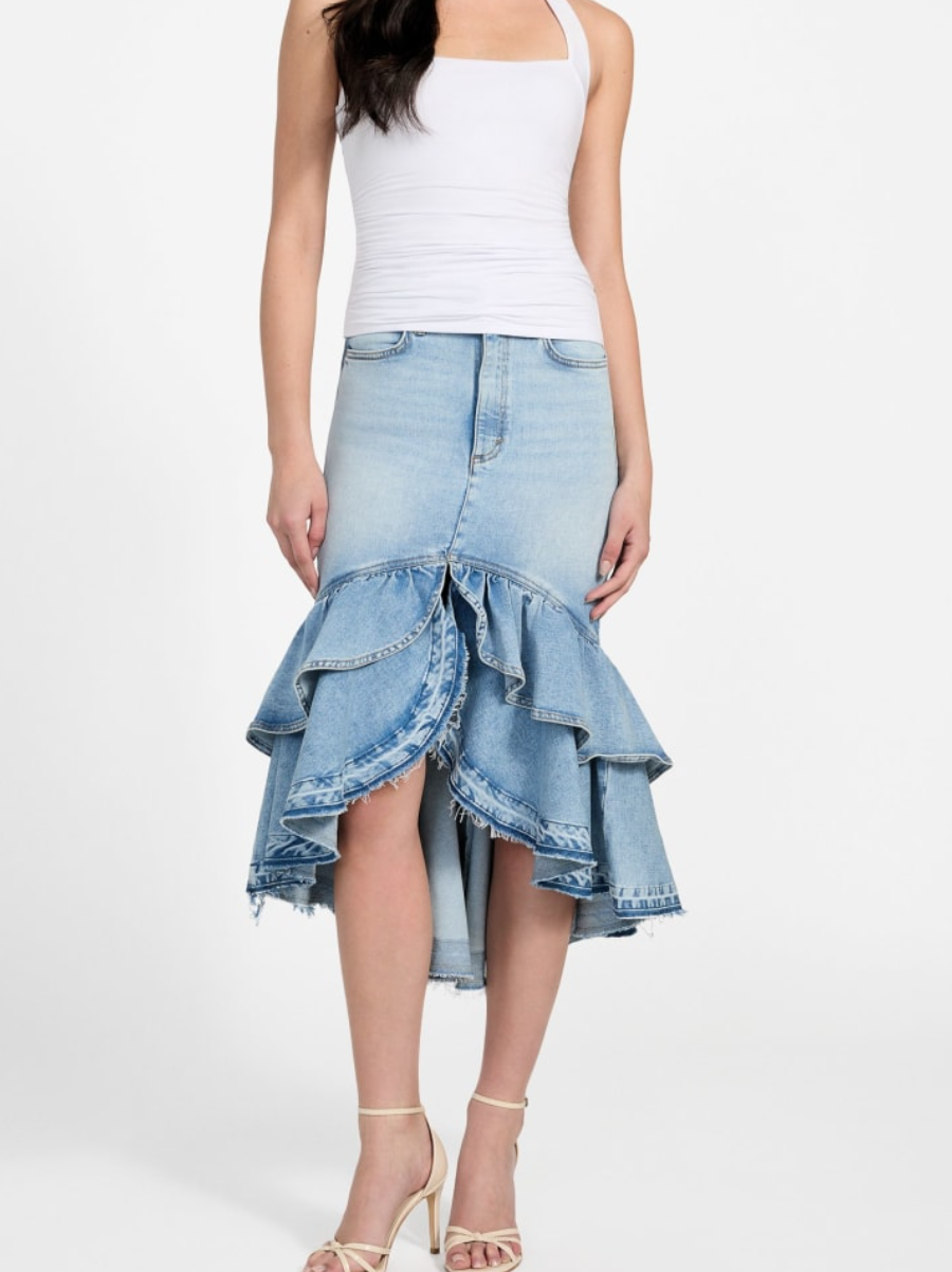 Layered Hem Denim High Waist Midi Skirt