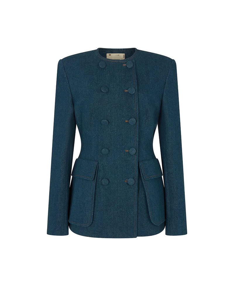 Double-breasted denim suit jacket + denim flared pants set