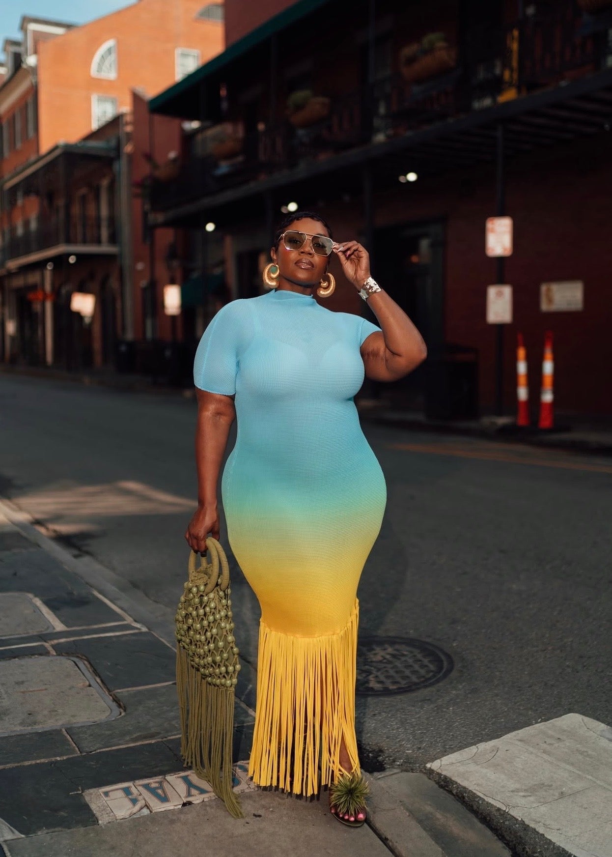 Ombré-effect stretch maxi skirt with fringe detail