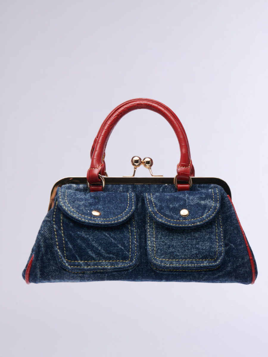 Double Pocket Denim Kiss Lock Tote