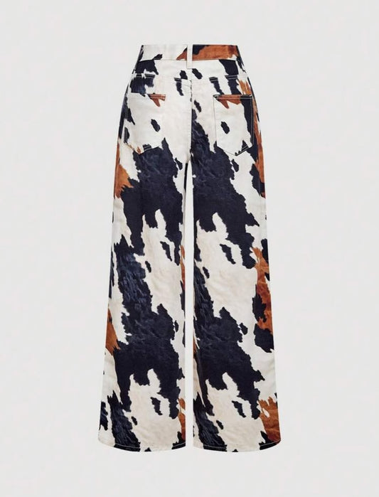 Cow print straight-leg pants