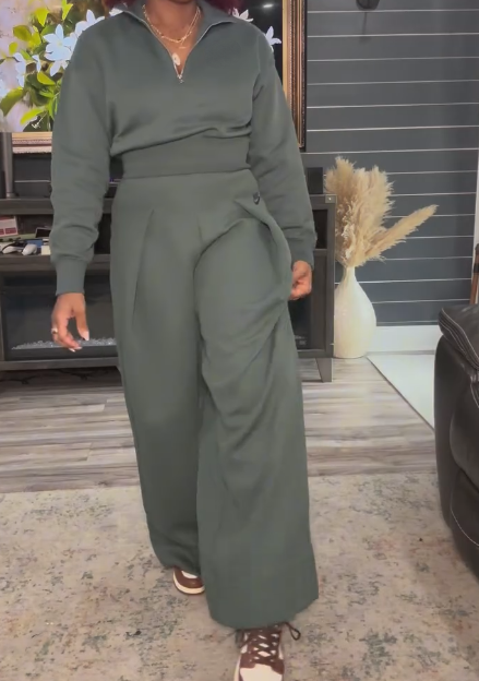 Zippered Cropped Sweatshirt + High-Waisted Pleated Pants